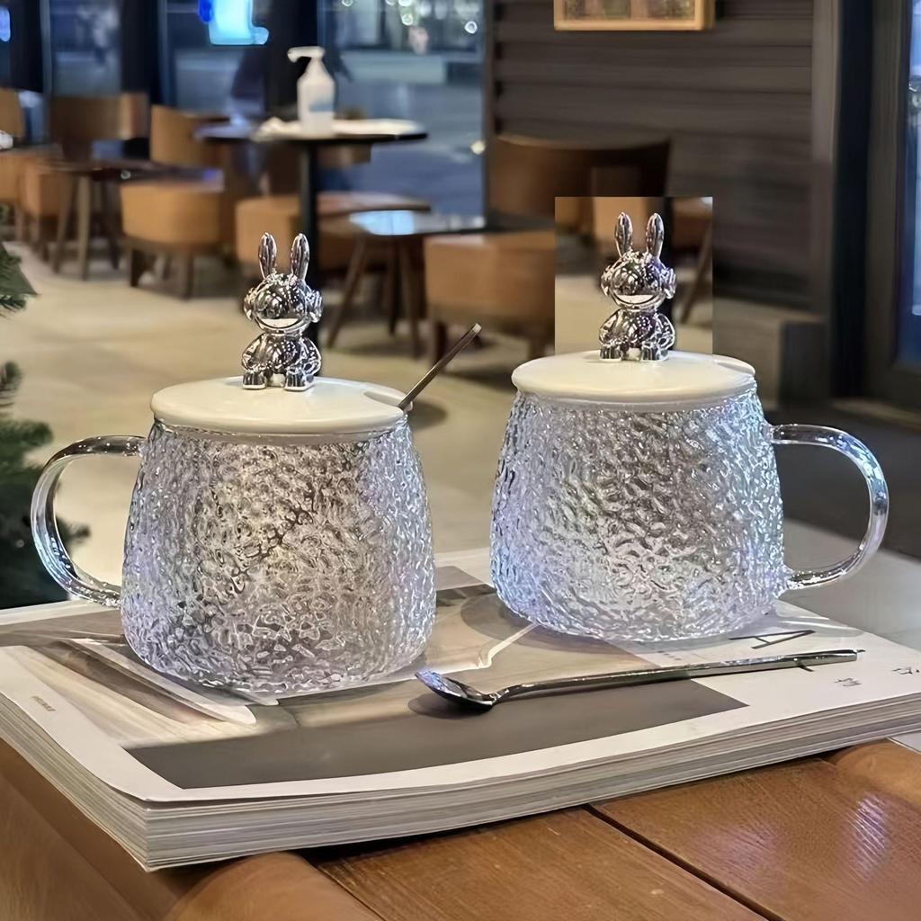 Internet Celebrity Bear Mug: Hammer Pattern Glass with Lid & Spoon, Ideal for Home, Office, or as a Souvenir Coffee Cup.