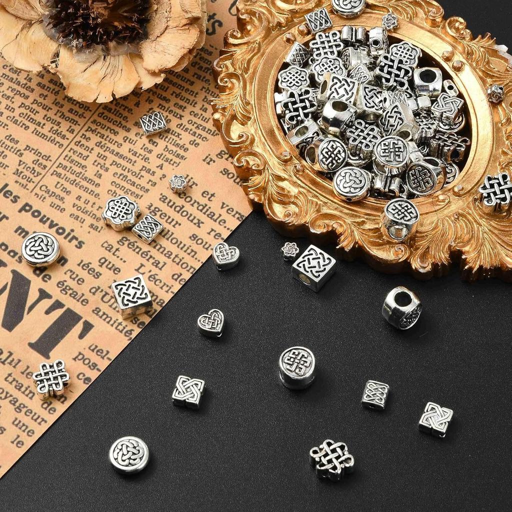 KitBeads 100Pcs 10 Styles Tibetan Chinese Knot Round Beads Metal Celtic Knot Square Rectangle Spacer Beads for Jewelry Making Bracelets Earrings