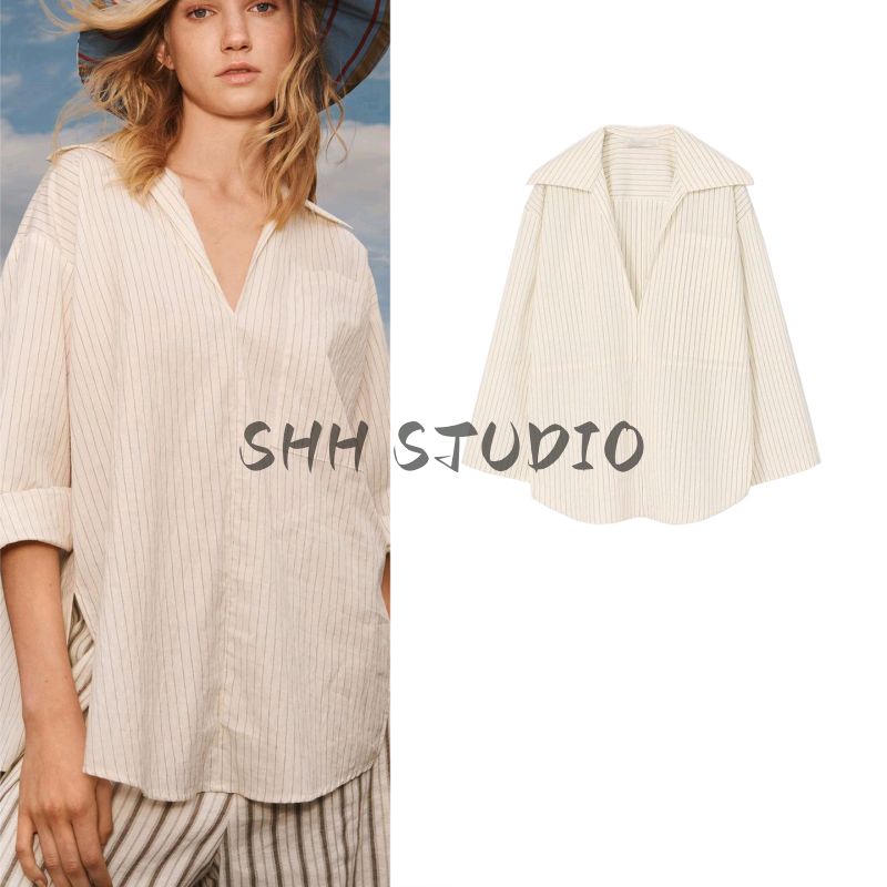 Summer Women's Clothing Casual Style Stickers Pocket Decoration Cotton Striped Slit Lapel Long Sleeve Shirt Tops 5691100