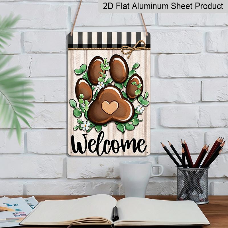 2D Flat Dog Paw Print Welcome Metal Sign, 8×12 Inch Aluminum Wall Art, Rustic Farmhouse Design with Greenery & Plaid, Durable Decor for Pet Lovers