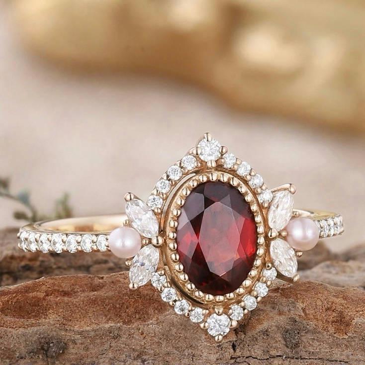 Anello da Donna Super Fresco Rosso Melograno con Zircone e Diamante Perla
