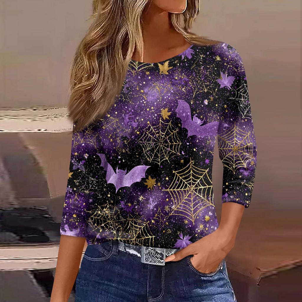 Women's Fashion Casual Round Neck 3/4 Sleeve Loose  Printed T-Shirt Ladies Top
