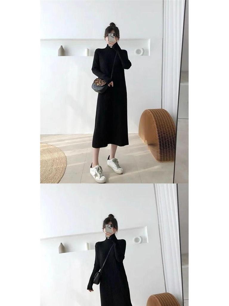 Women's Mid-Length Wool Knit Dress - Loose, Long Sleeve, Half-High Collar, Perfect for Layering Under Coats, Autumn & Winter Wear.
