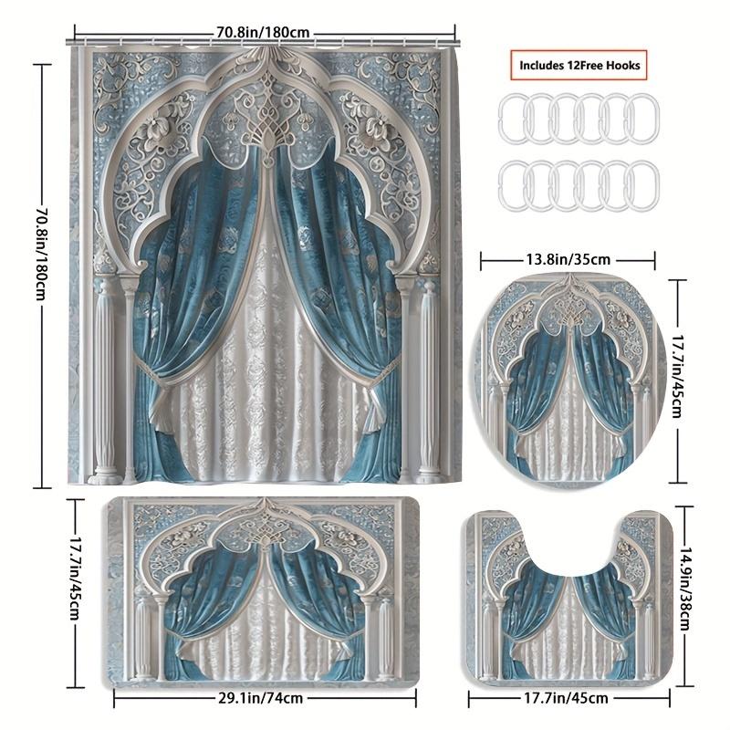 1/4 buc loral Fereastră Arc Tassel Albastru Set Perdea de Duș Impermeabilă Set Decorativ de Baie Covor Antiderapant Husă Toaletă Covoraș de Baie Și 12 Cârlige