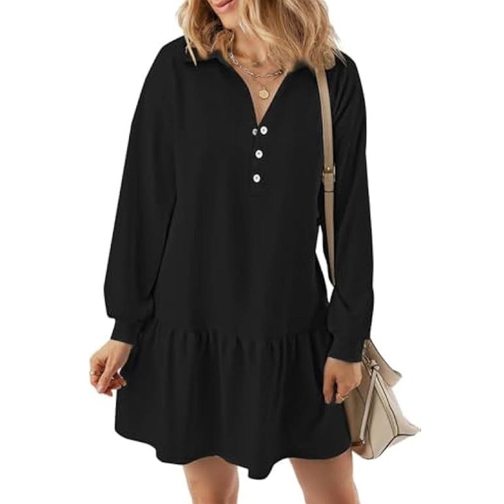 Women's Long Sleeve Pullover Lapel Casual Dress Solid Color Striped Patchwork Dresses