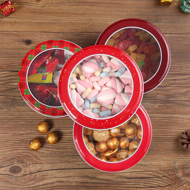 Vánoční kreslená plechová krabička: Kulatá průhledná nádoba na sušenky a cukroví pro dětské sladkosti