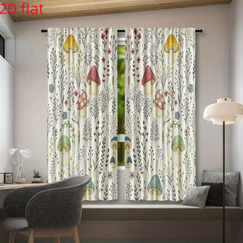 2 Pcs Mushrooms, Grass Print Curtains,suitable for Bedroom,living Room Kitchen Decoration,home Decoration,window Decoration