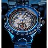 Winner Men's Fashion Casual Hollow Out Blue Dial Automatic Mechanical Watch