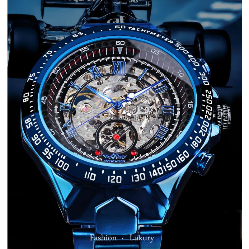 Winner Men's Fashion Casual Hollow Out Blue Dial Automatic Mechanical Watch