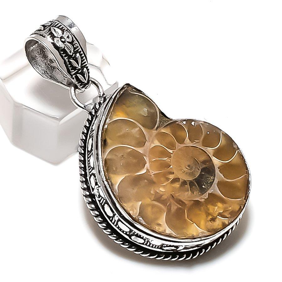 Natural Ammonite Fossil Gemstone Handmade 925 Sterling Silver Pendant 1.89" U5h73