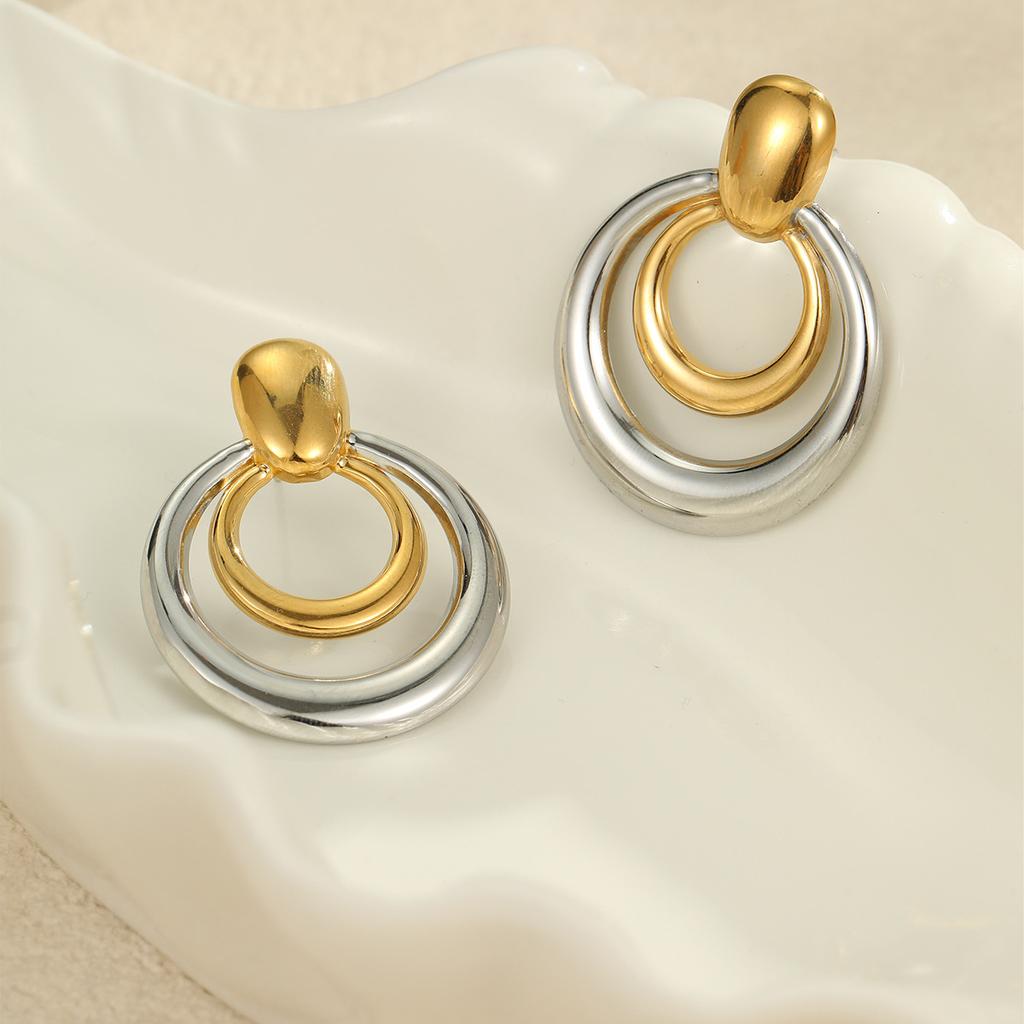 GEMCHIC Women's Vintage Gold Tone Stainless Steel Double Layer Geometric Circle Drop Earrings Fashion Jewelry