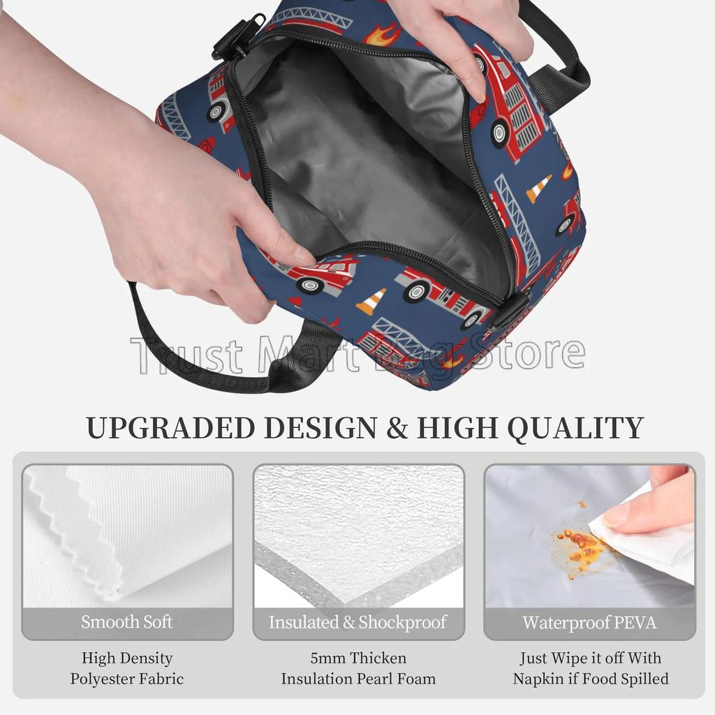 Cartoon Fire Trucks Pattern Insulated Lunch Bag Reusable Thermal Cooler Bag for Adults Kids Bento Tote Bag with Shoulder Strap