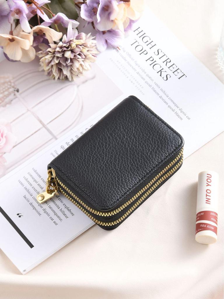 Women's Double Zipper Lychee Grain Card Holder & Coin Purse with Accordion Wallet, Double Layer, Large Capacity, Multi-Card Slot