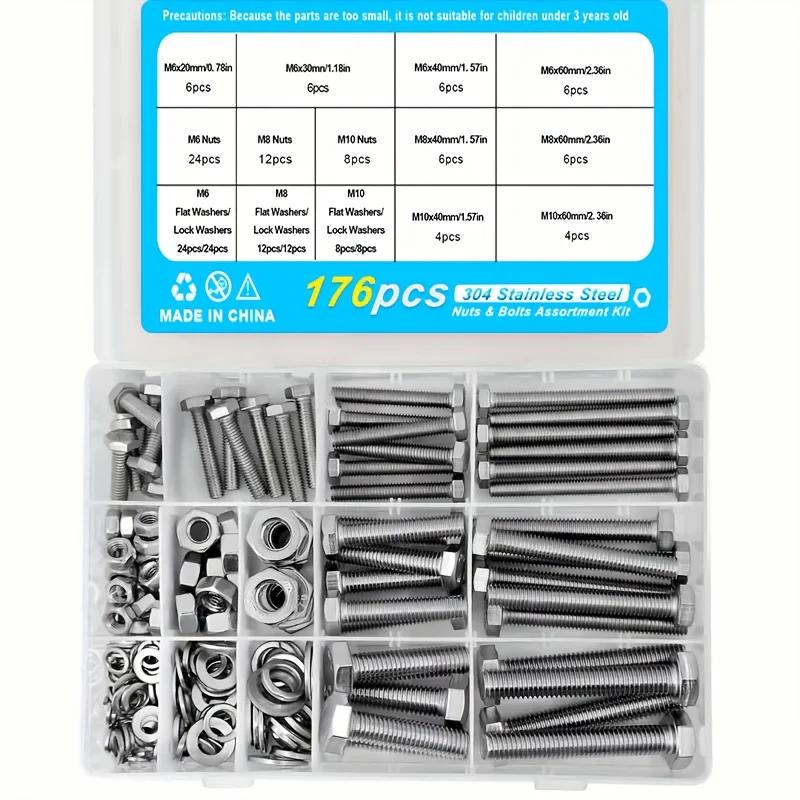 48-620 Pcs Heavy Duty Screws and Nuts Kit, 304 Stainless Steel Bolts, Including 8 Most Common Size Screw Sets, M6, M8, M10.