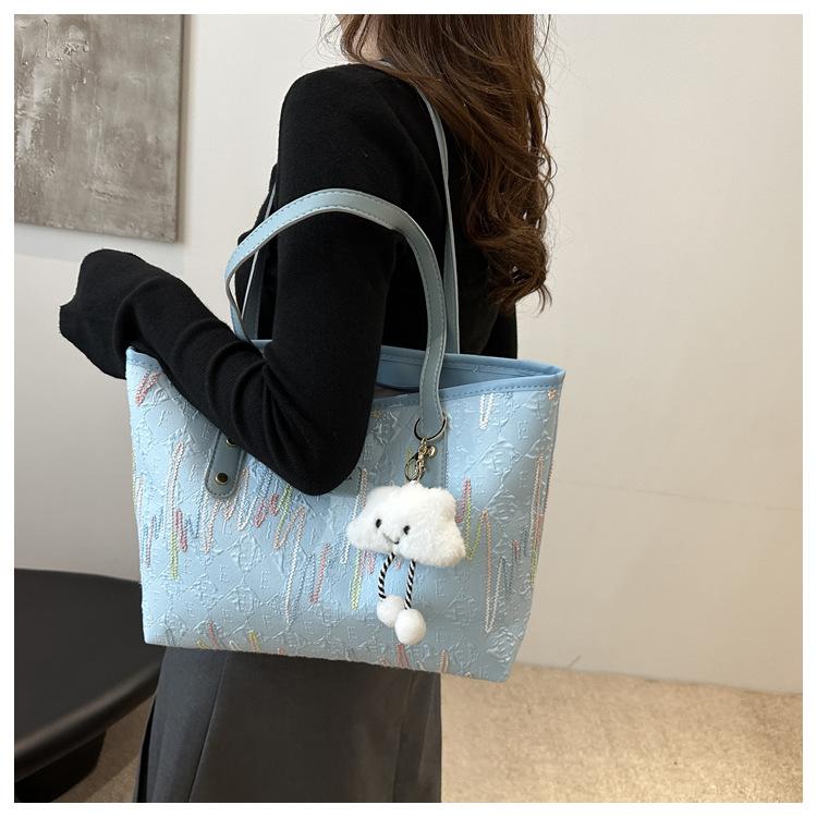 Women's Canvas Tote Bag with Embroidery, Large Capacity Casual Shoulder Bag for School and Work, Striped Design with Cloud Charm
