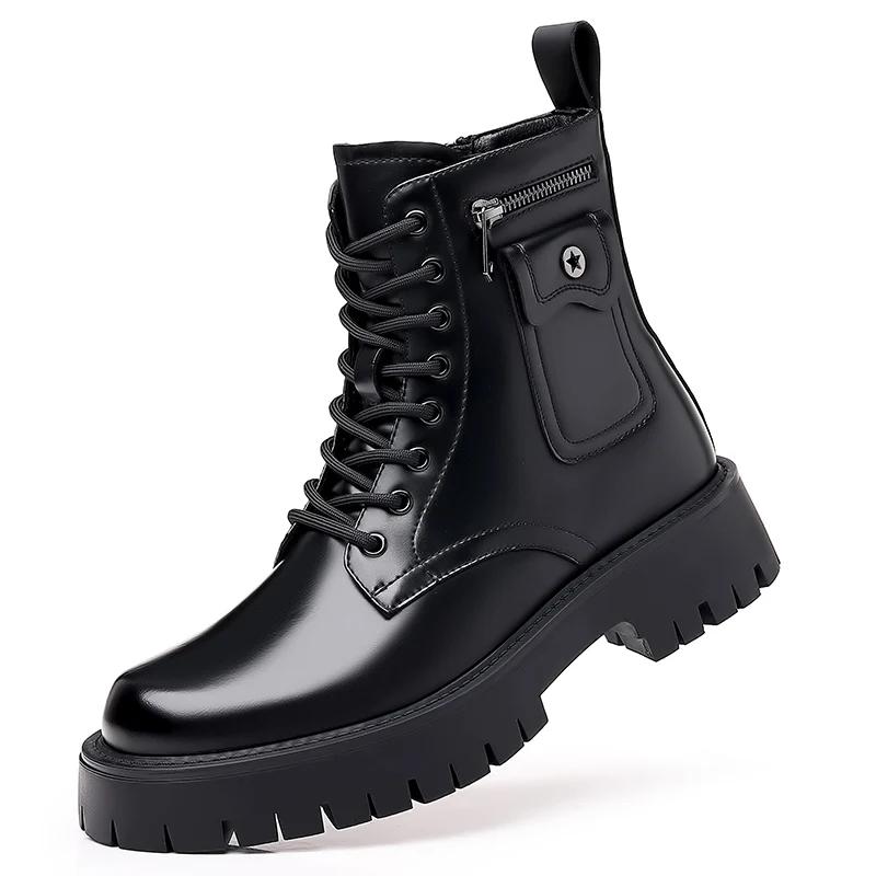 High Quality Men Autumn Winter Short Boots 2025 New Fashion Zip Side Pocket Design Leather Anti-slip Lace-up Man Platform Shoes