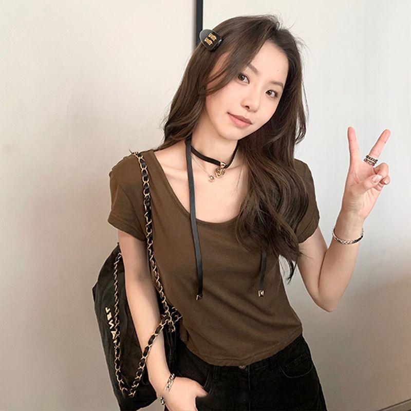 

Хлопковая тонкая свободная футболка с короткими рукавами и U-образным вырезом для ношения под одеждой Brown Curry S