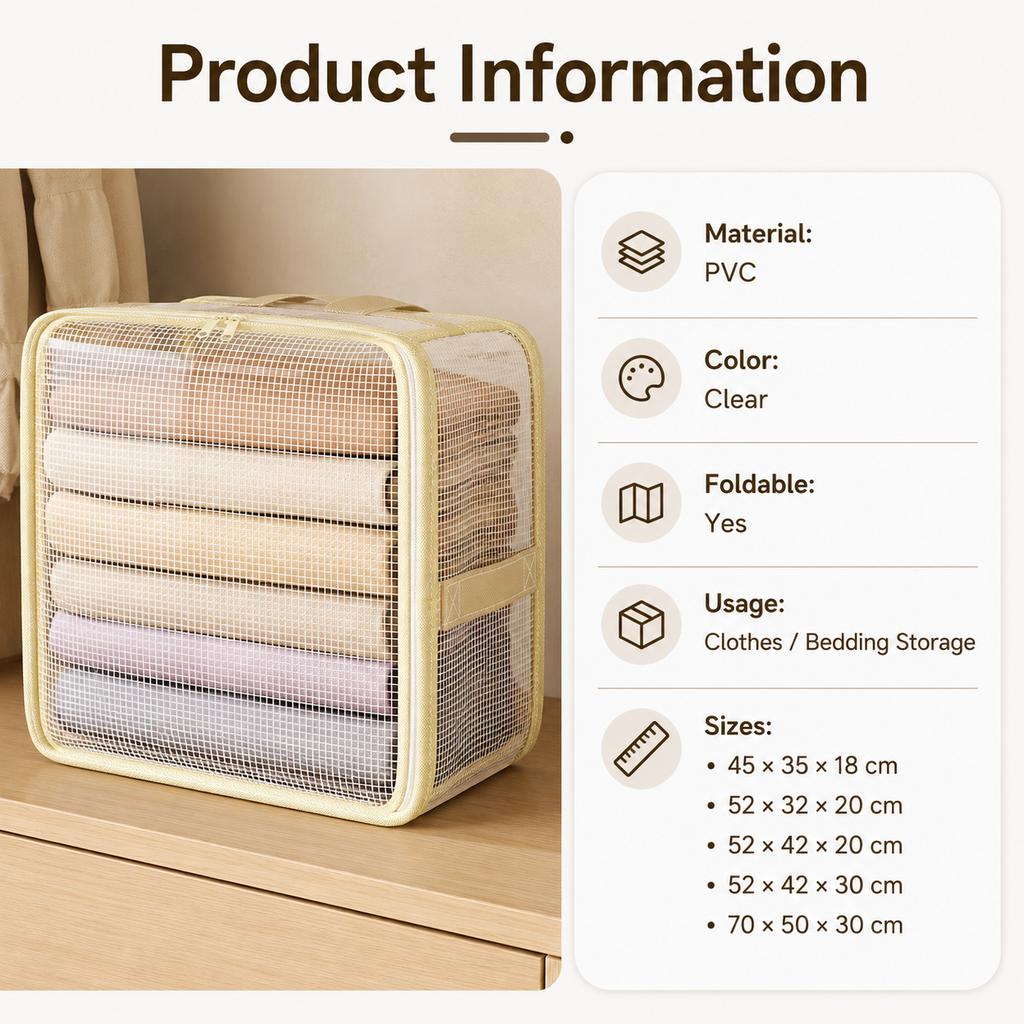 Transparent PVC Clothes Storage Bag Foldable Wardrobe Organizer With Zipper Handle For Quilts Blankets And Seasonal Home Storage And Daily Use
