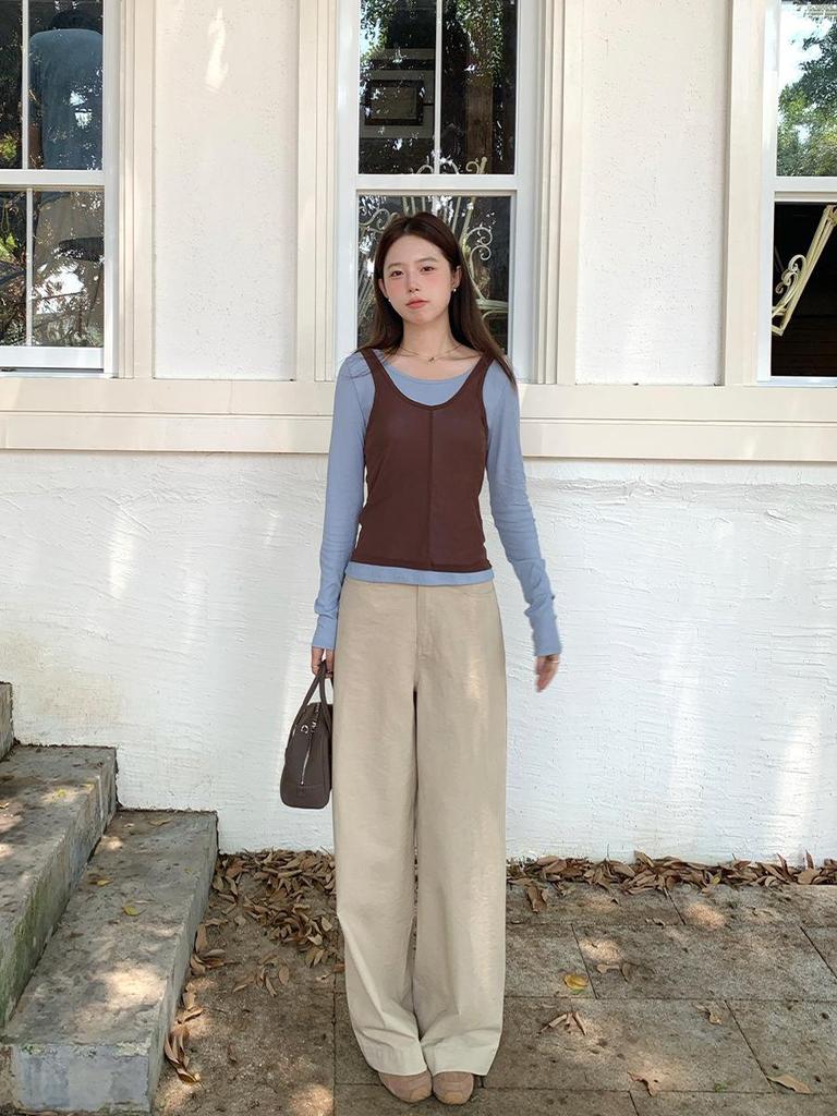 Vision Khaki Women's High-Waisted Straight Casual Pants - Spring 2026 Korean Style Loose Wide-Leg Long Pants