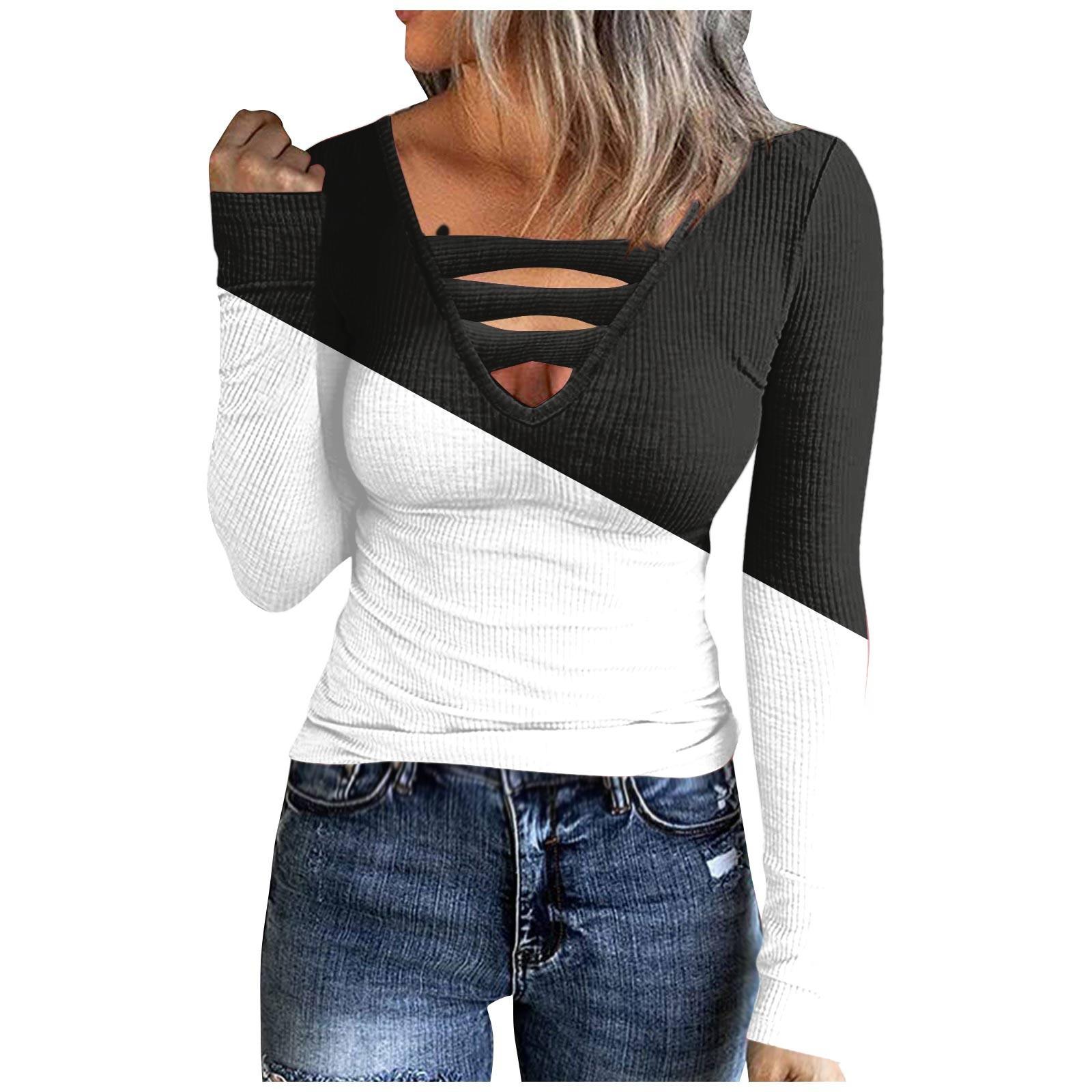 

Women s T-shirt Fashion Casual Splicing V-neck Slim Models Long-sleeved Tops M