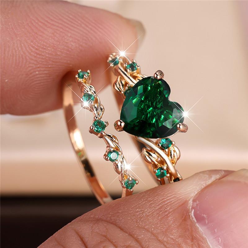 Female Crystal White Zircon Stone Heart Engagement Ring Set Luxury Gold Color Wedding Jewelry For Women