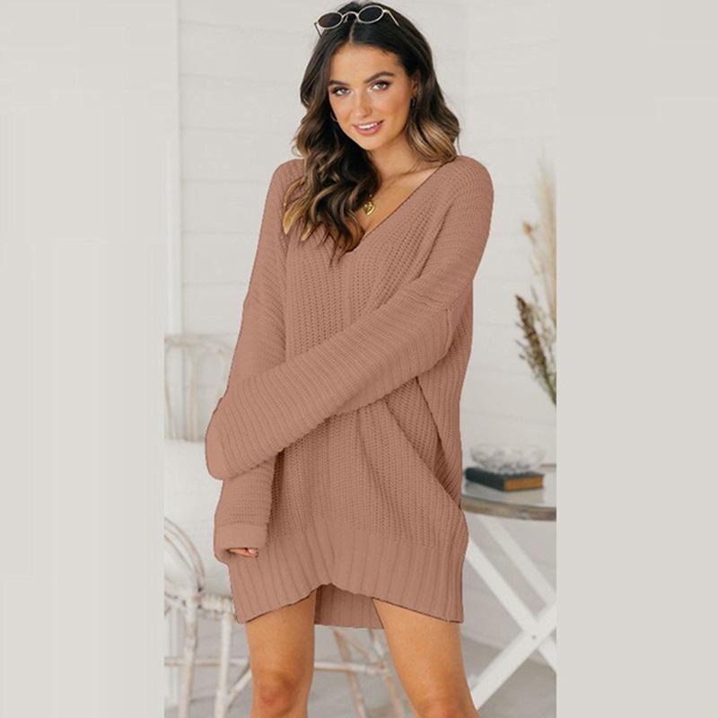 Sweater Women's Loose V-neck Mid Length Solid Color Casual Versatile Acrylic Knit Sweater