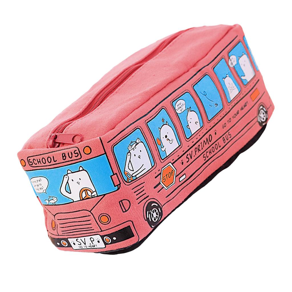 Cartoon Bus Shaped Pen Case Canvas Pen Bag Zippered Pen Pouches Big Capacity Pen Case Stationeries Organiser for Student