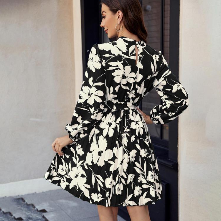 Damen Lässiges Sommerkleid mit Blumendruck, Rundhalsausschnitt, Langarm