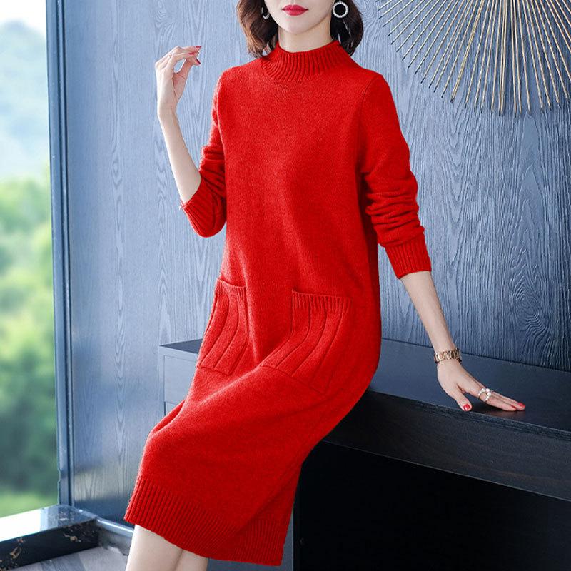 

Осень и зима средней длины большого размера с утолщенным низом вязаное платье с полувысоким воротником длиной до колена универсальная юбка-свитер average size