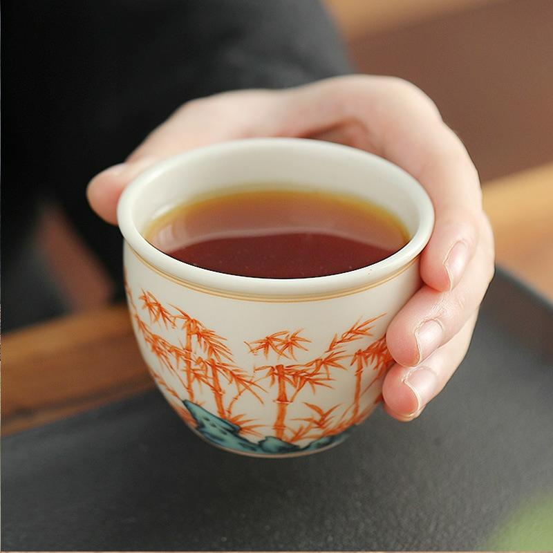 Hand Painted Red Bamboo Ceramic Teacup Chinese Style Creative Household Chinese Kungfu Teaware Master Cups Decoration New