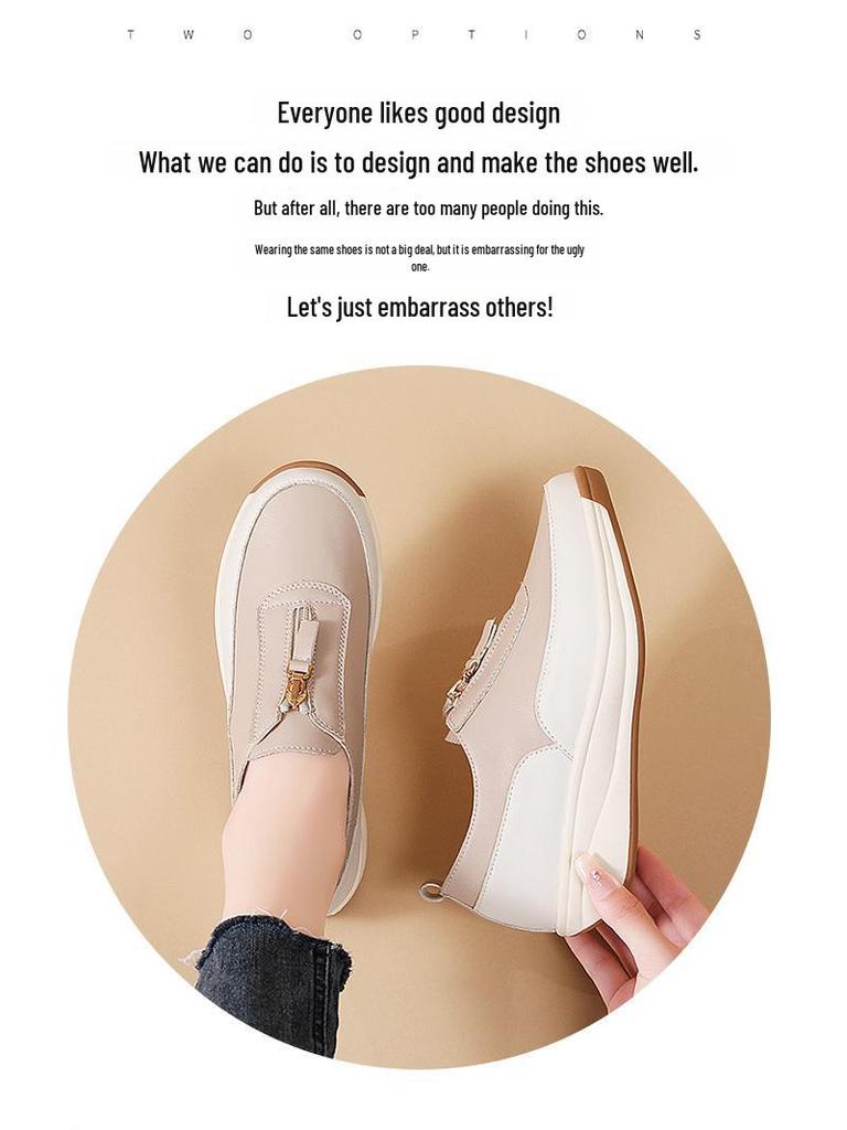 Pantofi sport pentru femei, primăvara 2025: Design cu fermoar gol, vârf din piele naturală, mărime mare, talpă groasă, stil de mamă.