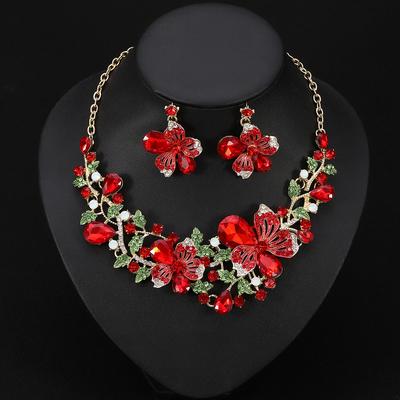2026 European and American Colored Flowers Crystal Diamond Short Clavicle Necklace Earrings Set Bridal Dinner Dress Accessories