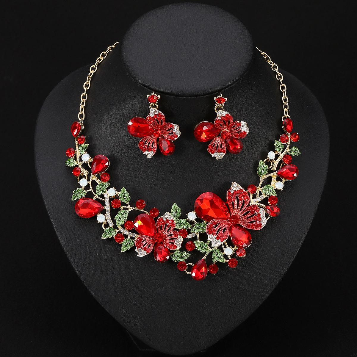 

2026 European and American Colored Flowers Crystal Diamond Short Clavicle Necklace Earrings Set Bridal Dinner Dress Accessories 45CM