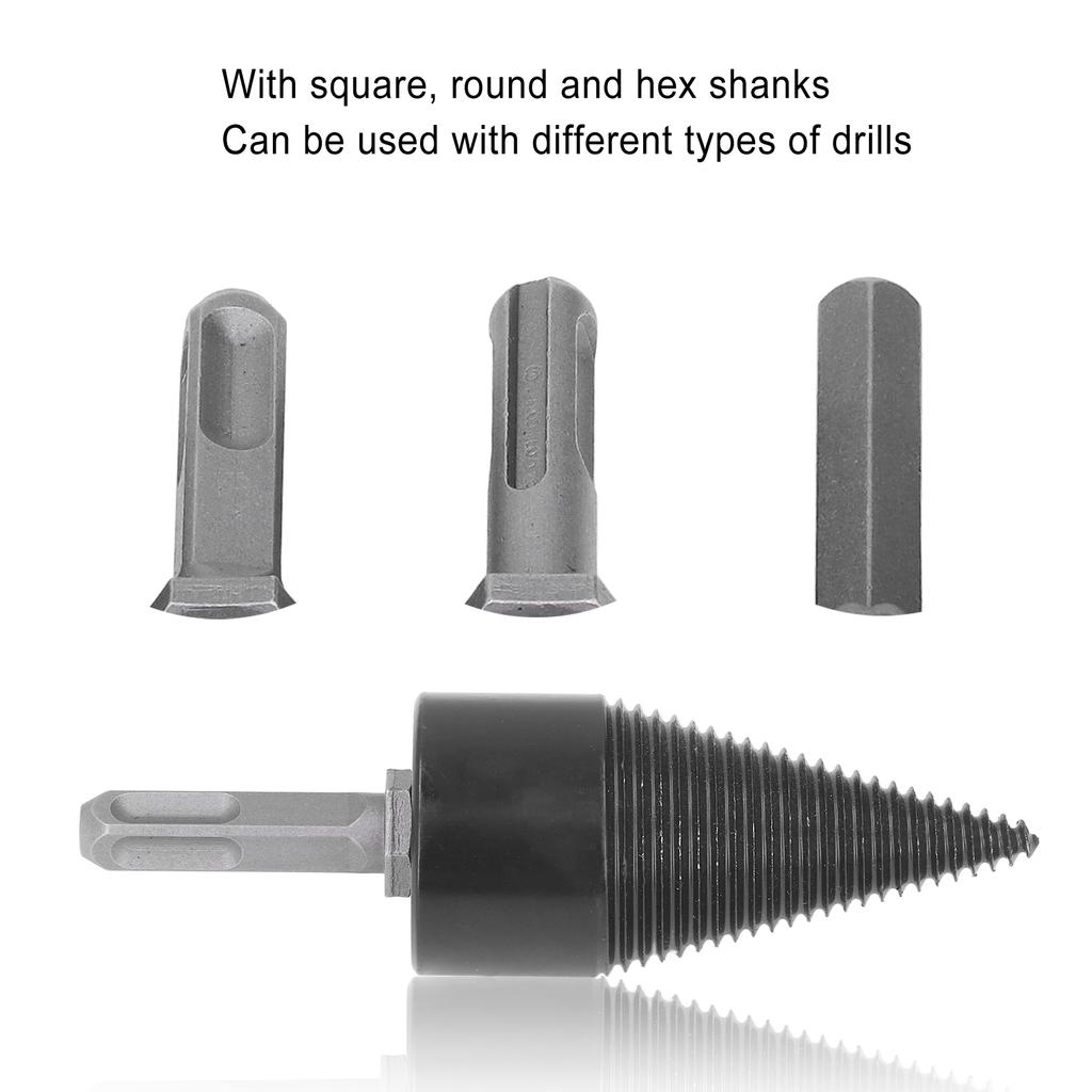 Firewood Bit Cone Wood Splitting Drill Carbon Steel Log Splitter Tool with 3Pcs Removable Shank