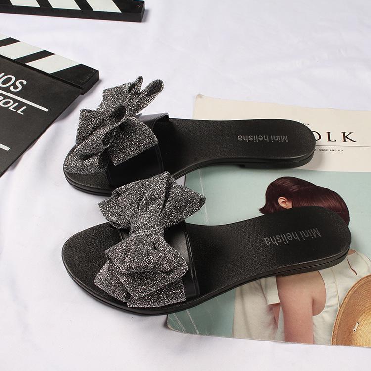 Yuzhihao Summer Shiny Bow Sandals - Women s Beach  Casual Wear, Flat Bottom, Single Strap 37