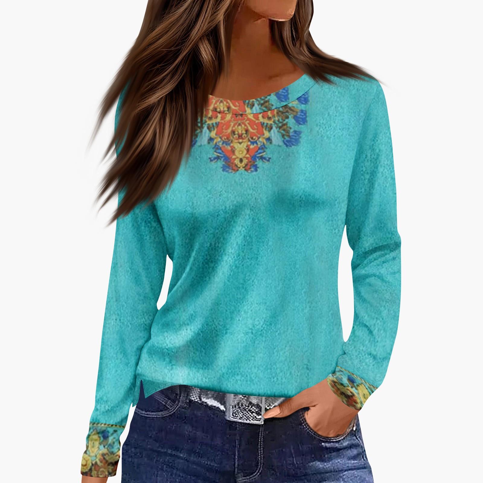 Ladies  Fashionable Casual Long Sleeved Popular Retro Floral Print Pullover Top XL