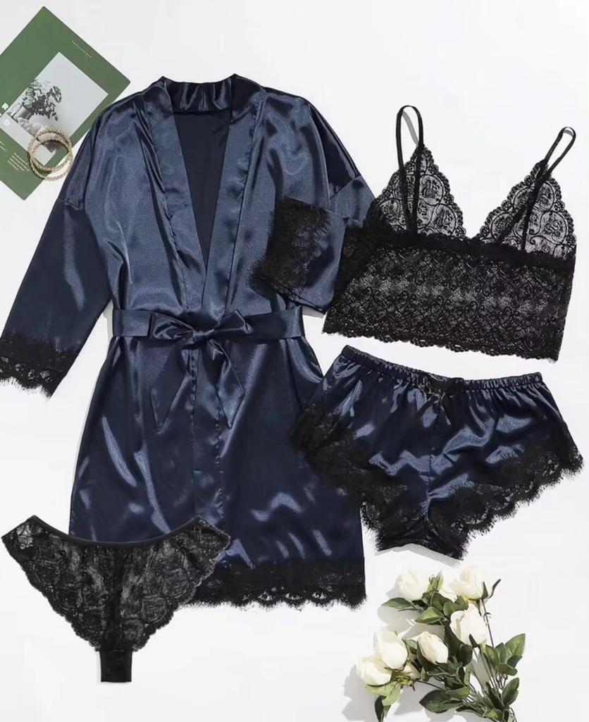 Women's Pajama Fashion 4-piece Set Lace Satin Strap Sexy Pajama Set Dress Skin Friendly Comfortable Casual Pajama Skirt