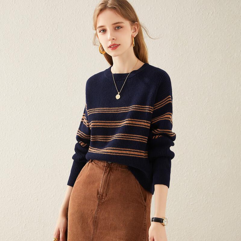 TUHUANG Women's Thickened 100% Wool Color Block Round Neck Sweater