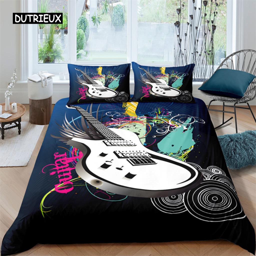 

Guitar Queen Пододеяльник Рок-музыка Постельное белье Комплект гранж Цветной фон с брызгами кирпичной стены Электронная гитара Микрофоны Дизайн EU single(135x200cm)