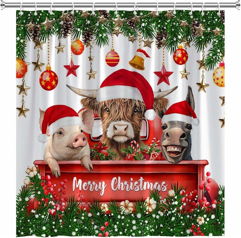 Funny Christmas Shower Curtain Cute Highland Cow Pig Donkey Red Truck Farm Calf Cattle Xmas Ball Pine Tree Western Animals