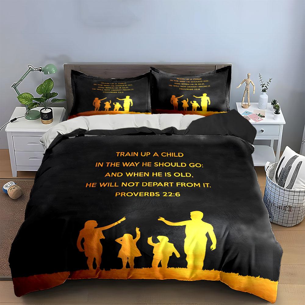 3Pcs Christian Family Bedding Set, Proverbs 22:6 Train Up A Child Print Duvet Cover, 1 Duvet Cover 2 Pillowcases, Gift