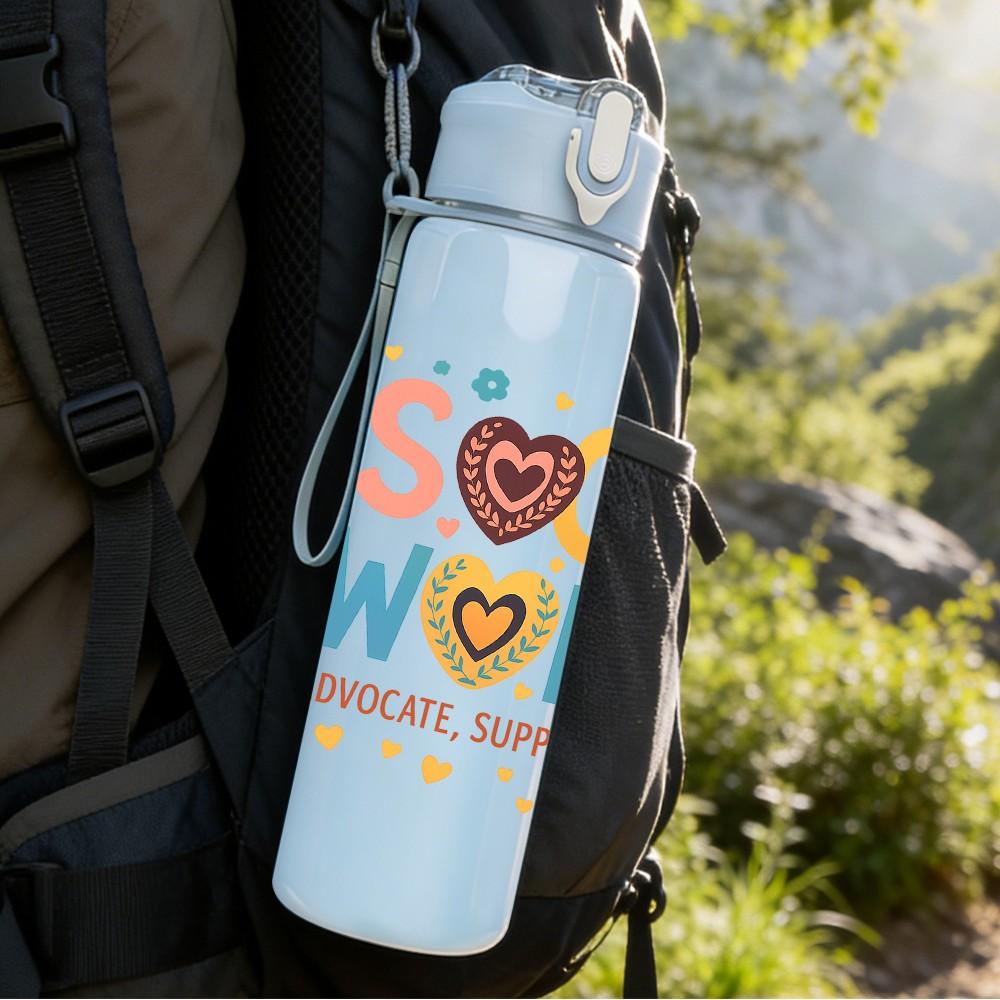 1PC Social Worker Heart Color Letter 750ml Color Plastic Sports Water Bottle Leakproof Flip Straw Lid Suitable for Sports Office Home Use