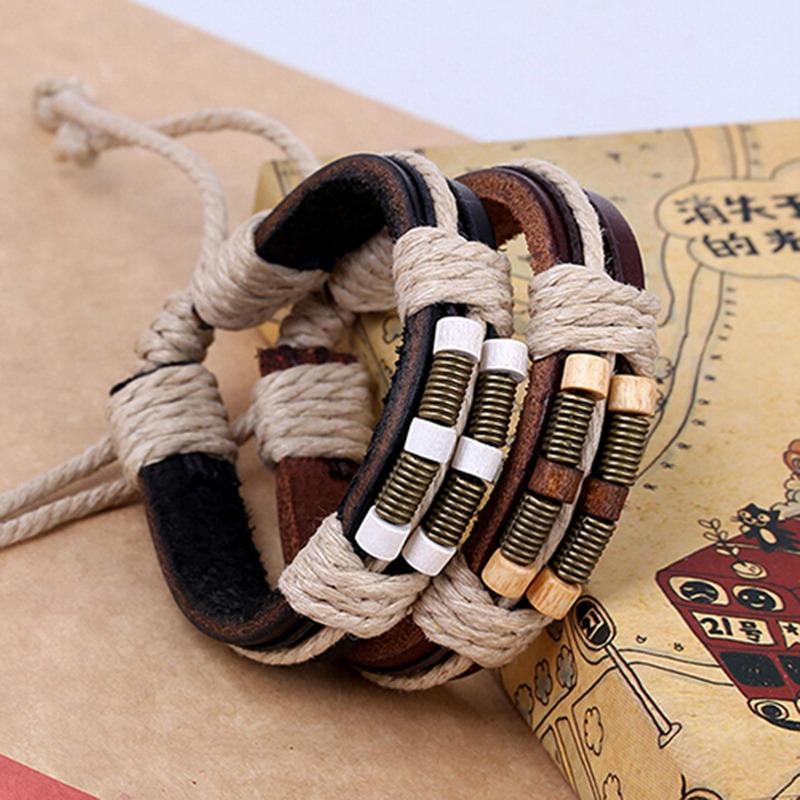 Men's Women's Punk Style Bangle Bronze Spring Wood Beads Weave Leather Bracelet