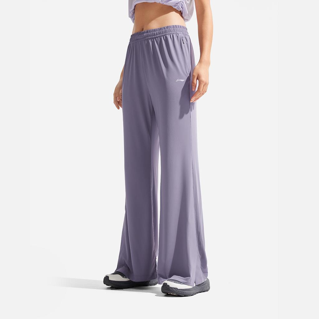 Li Ning Fitness Series Casual Ice Silk Quick Dry Cool Comfortable Versatile Knitted Sports Pants Women Bottoms Dark-Gray Purple AKYV188-3