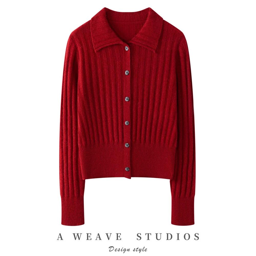 Women's Red Pure Cashmere Ribbed Knit Cardigan - Age-Defying Short Jacket with Lapel (2026)