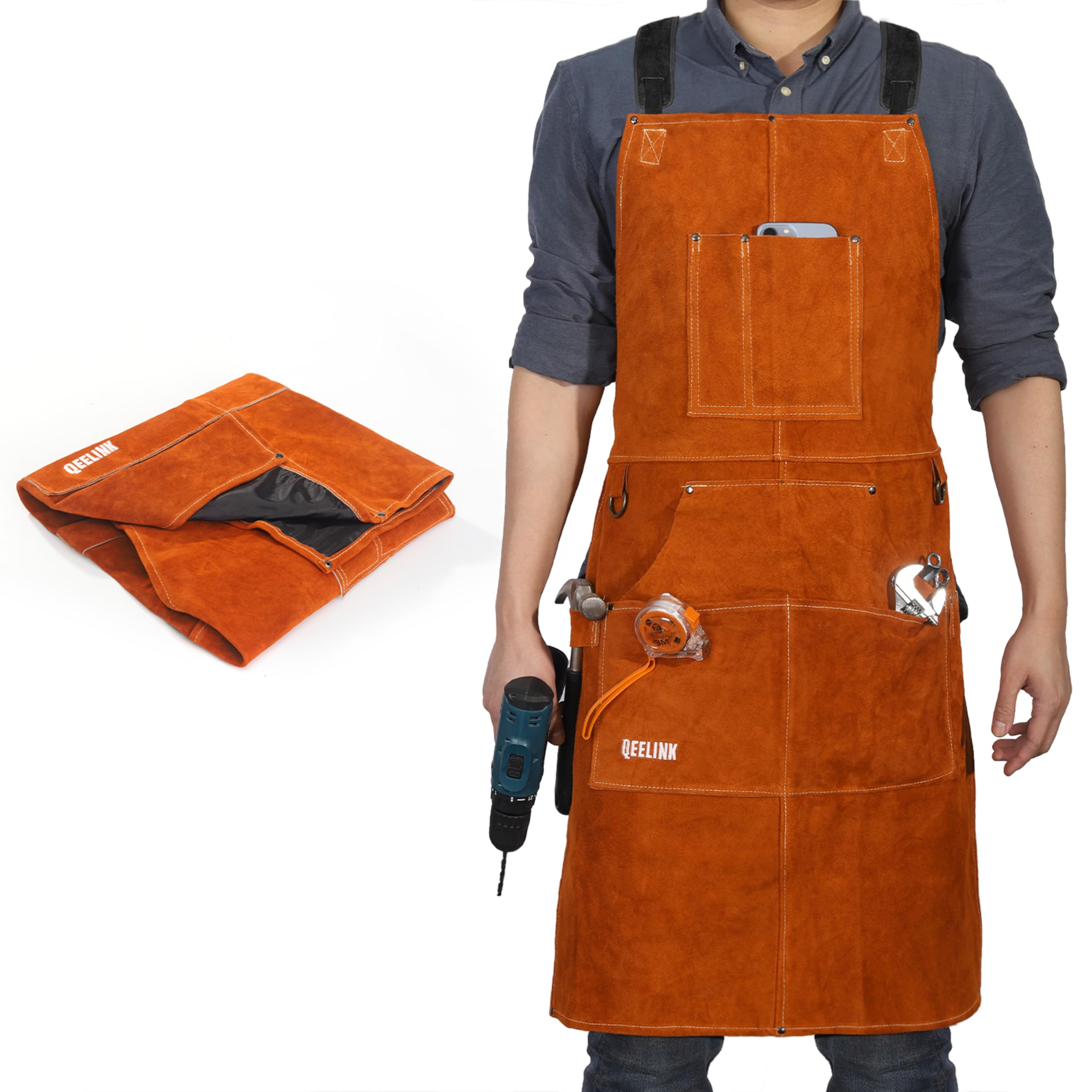[QeeLink] Genuine Leather Welding Apron, Work Apron with 6 Pockets, X-shaped Bib Apron, Adjustable Sizes M to XXXL, Unisex Work Apron (61cm x 91cm)