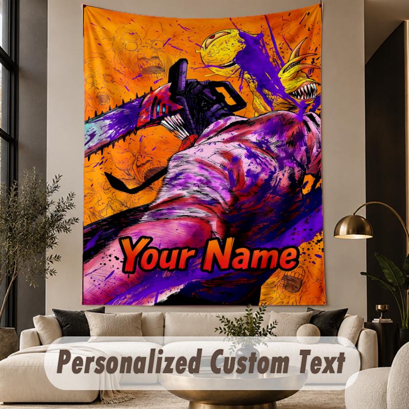 Custom Text Printed Tapestry Chainsaw Man Pattern Large Wall Hanging Indoor Room Decor