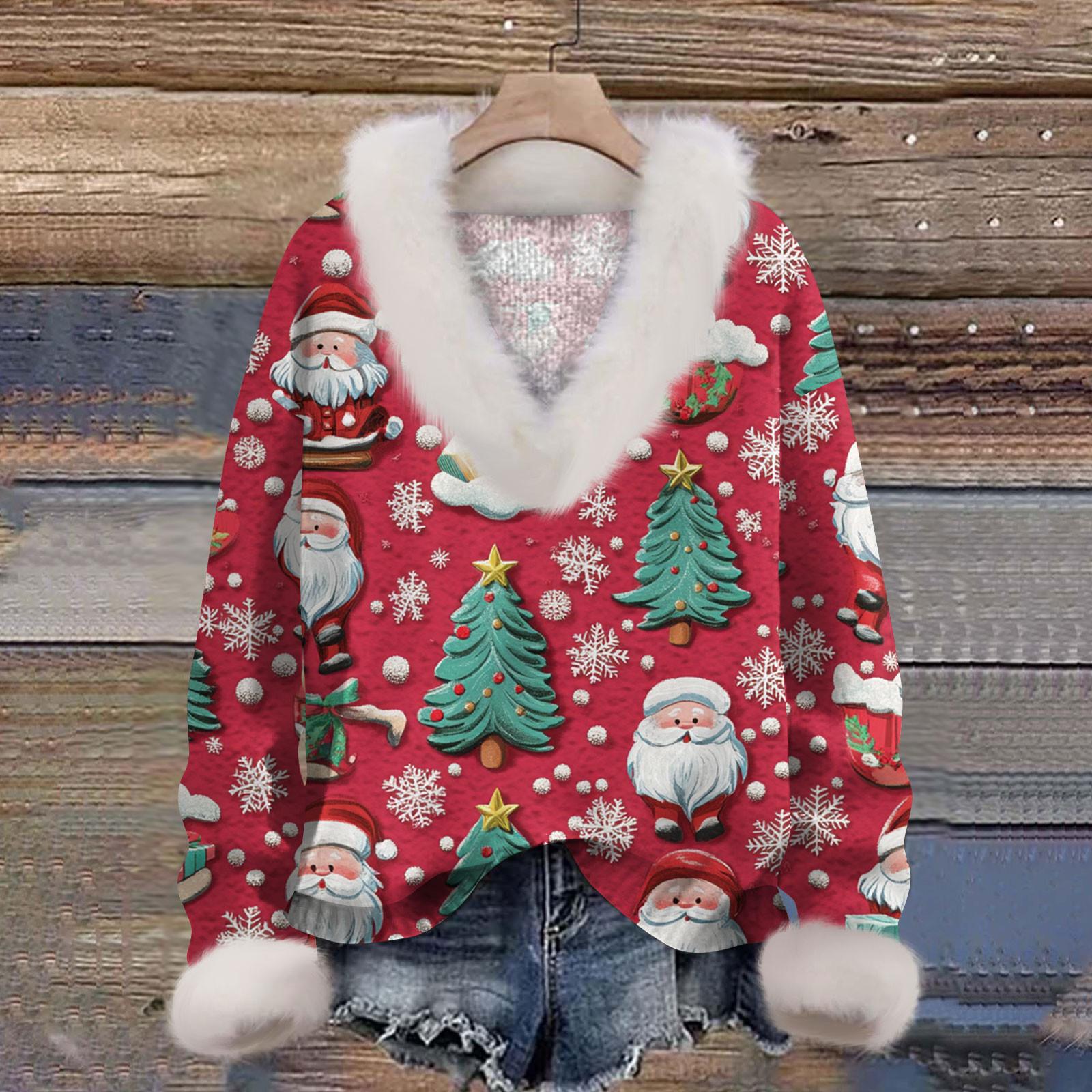 

Женская мода повседневный рождественский принт с длинным рукавом и V-образным вырезом пуловер для волос L зелёный