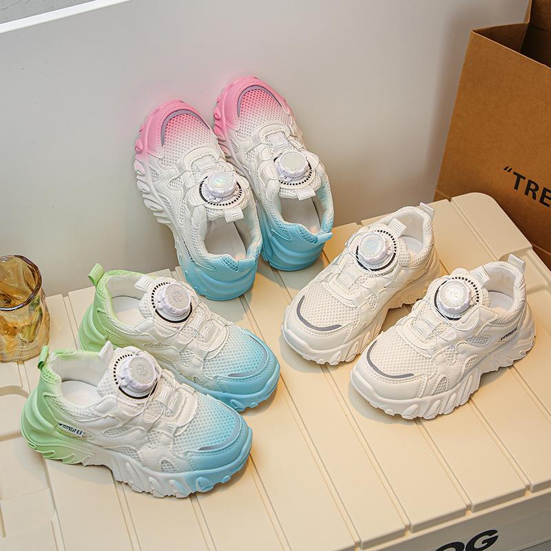 Girls' sneakers 2025 new boys' little white shoes rotating button casual dad shoes children's breathable mesh shoes tide