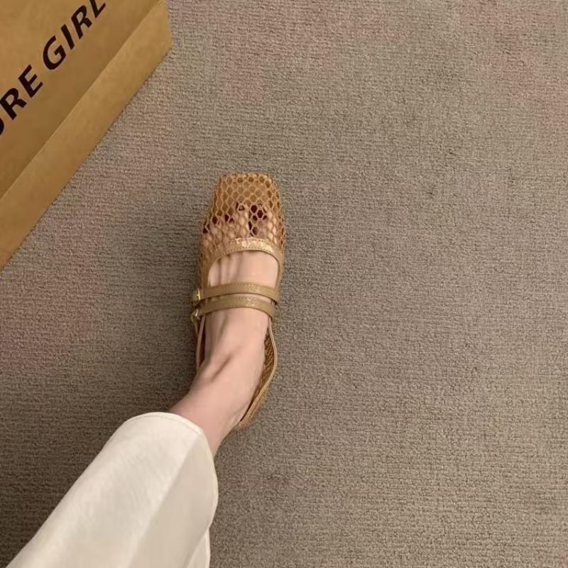 Fashion 2025 New Women Mesh Fishnet Ballerina Flats Comfortable Buckle Strap Ballet Flats Breathable Casual Walking Shoes for Commuting
